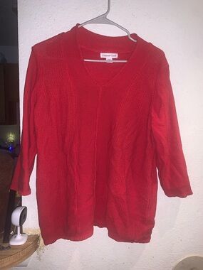 Coldwater Creek Vibrant Red V‑Neck Textured Knit Sweater